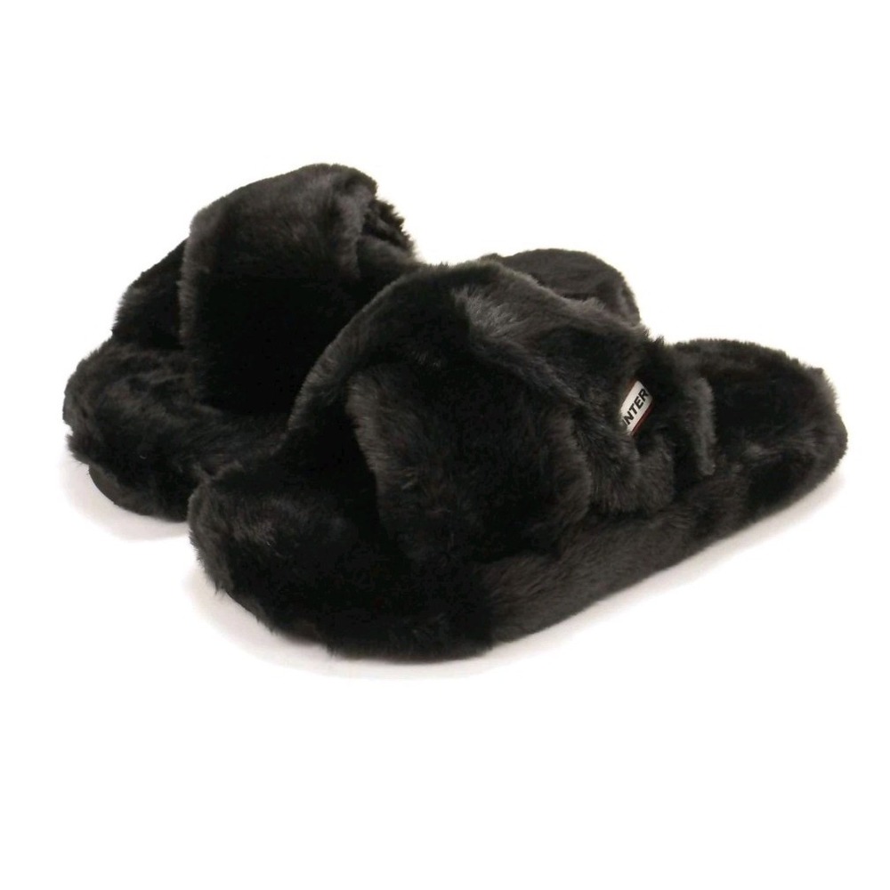 Hunter Women's Faux Fur Flatform Crossover Slides Black size 6